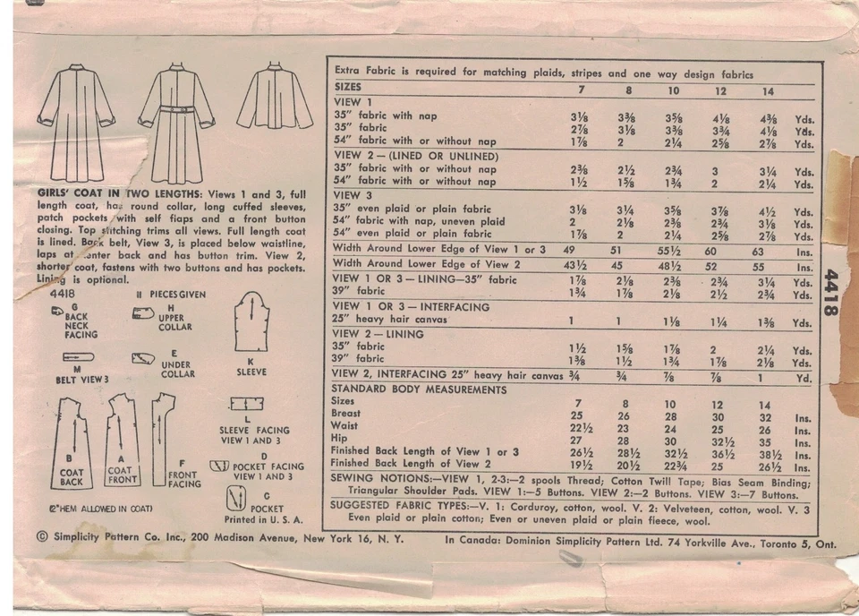 ​Vintage 50s Pattern Simplicity 4418 Coat Jacket Swing Girls RAB Sewing - Image 2 of 2