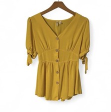 Women’s Small Yellow Button Front Mini Dress Tie Short Sleeves Summer Casual