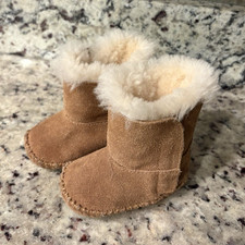 UGG Baby Bootie Boots Size 1 Brown Suede Sheepskin Lined Slip-On Fur Trim