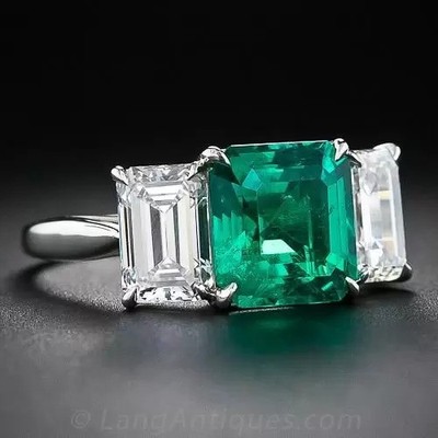 4Ct Green Asscher & 2Ct White Emerald Cut Three Stone Women's Retro Wedding Ring