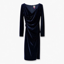 Vince Camuto Navy Solid Velvet Sheath Midi Dress Size 2 V-Neck Ruched Zip