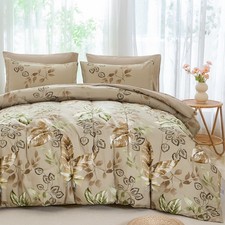 Brown Comforter Set King 7 Piece Bed in a Bag Flowers Leaves Pattern Comforte...