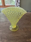 Fenton Vaseline Glass Opalescent Hobnail Fan Vase 8"