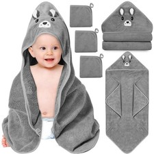 4 Pcs Hooded Baby Towels Gray Bear Absorbent Bath Towel 3 Washcloths