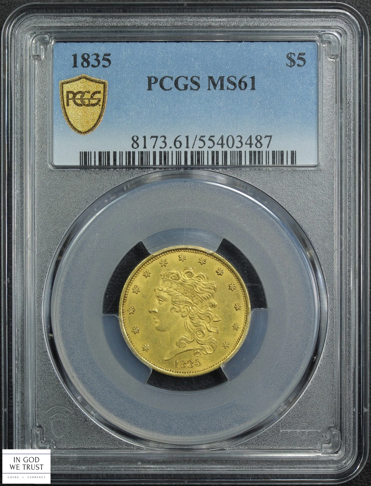 1835 $5 Five Dollar Classic Head Gold Half Eagle PCGS MS 61