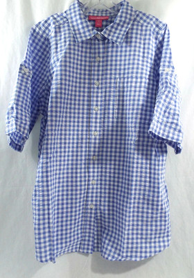 Woman Within Seersucker Bigshirt Button Tab SS Check Blue White 14 / 16 M Petite