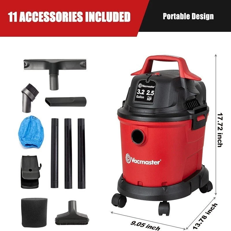 Aspiradora en seco húmedo Vacmaster 3,2 galones 2,5 picos montada en la pared portátil roja Foto 4 de 4