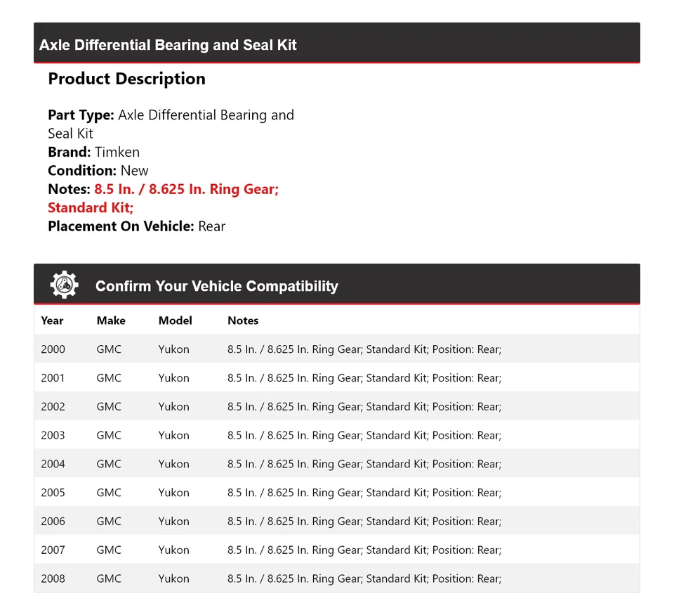 Kit de cojinete y sello diferencial de eje trasero Timken 2001 para GMC Yukon 2000-2008 Foto 2 de 3