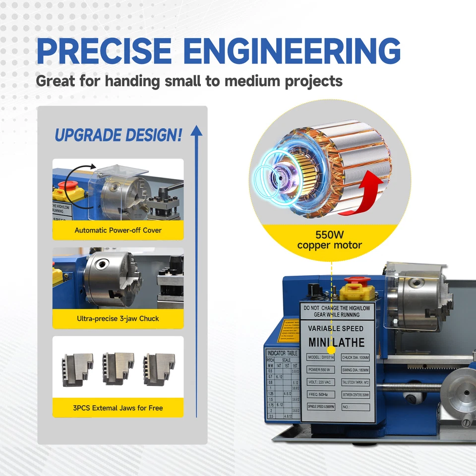 Mini Metal Lathe 7" x 12" 400W Benchtop Metalworking Variable Speed 50-2500RPM - Image 2 of 4