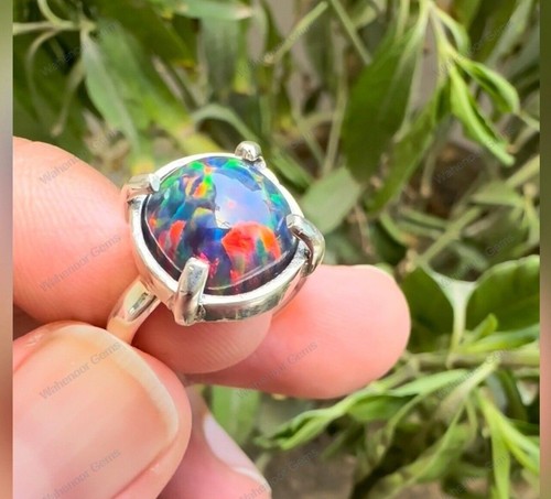 Black Fire Opal 925 Sterling Silver Ring Cabochon engagement Ring See Video - Picture 10 of 11