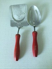 Vintage Child  s Spatula And Slotted Spoon Set Red Wooden Handles