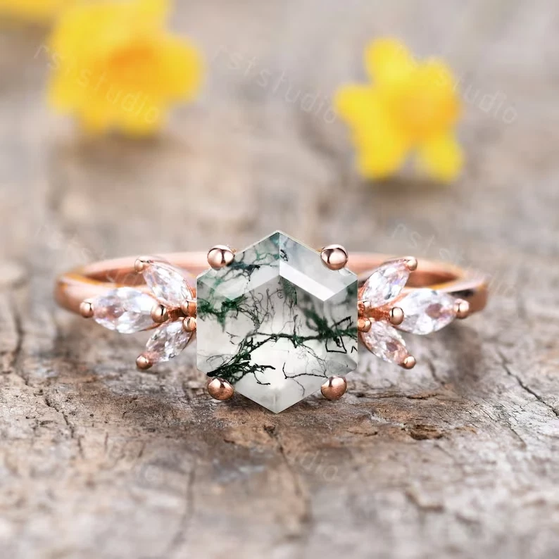 Unique Hexagon Moss Agate Engagement Ring 14K Rose Gold Anniversary Gift For Her