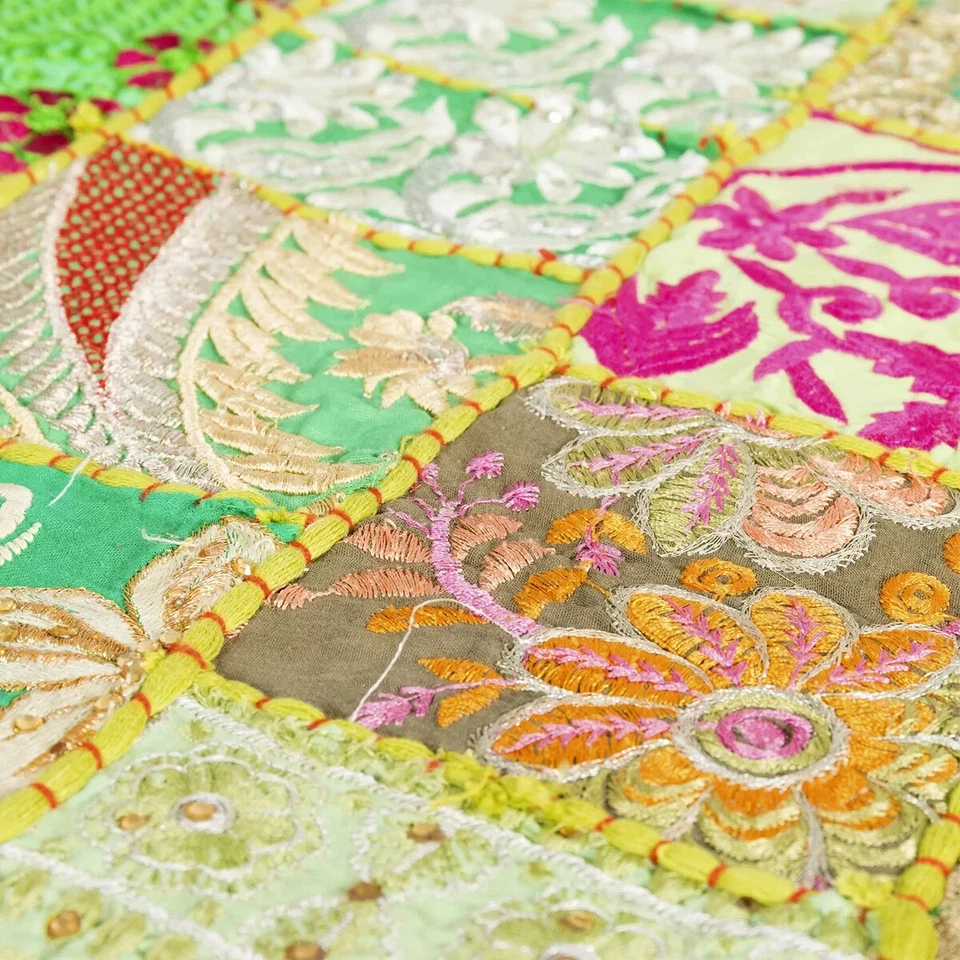 Indian Cotton Patchwork Table Runner Embroidered Dining Green Table Tapestry - Image 3 of 4