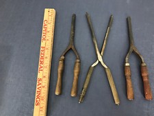 3 Antique Hair Iron Curler Crimper Wood Handle Manual Styling Tool Metal