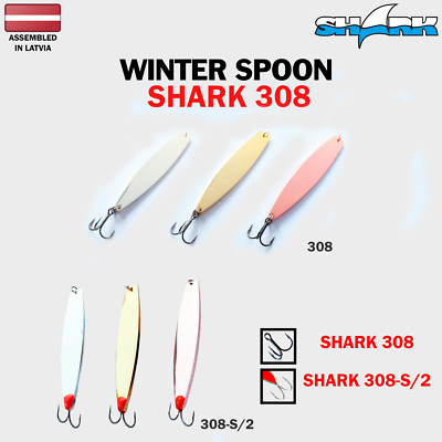 308 SHARK ICE FISHING SPOON, Galvanic, Brass, 30,40,50,60 mm, Vertical Jig, VMC