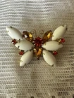 Vintage Butterfly Topaz Rhinestones Milk Glass Brooch Pin Jewelry Julianna ?