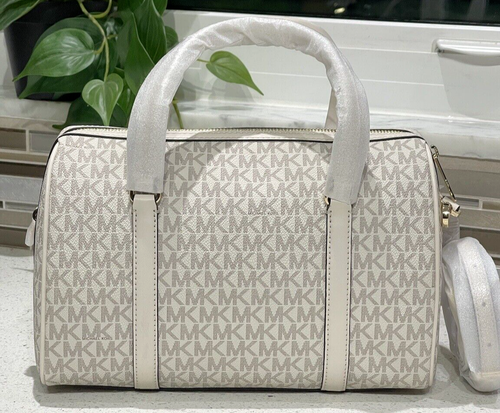 MICHAEL KORS TRAVEL MEDIUM DUFFLE SATCHEL BAG SHOULDER MK CREAM LOGO SIGNATURE - Picture 10 of 14