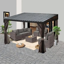 Domi 8x12FT Hardtop Gazebo Against Wall w/Sloping Steel Roof,Curtains&Netting