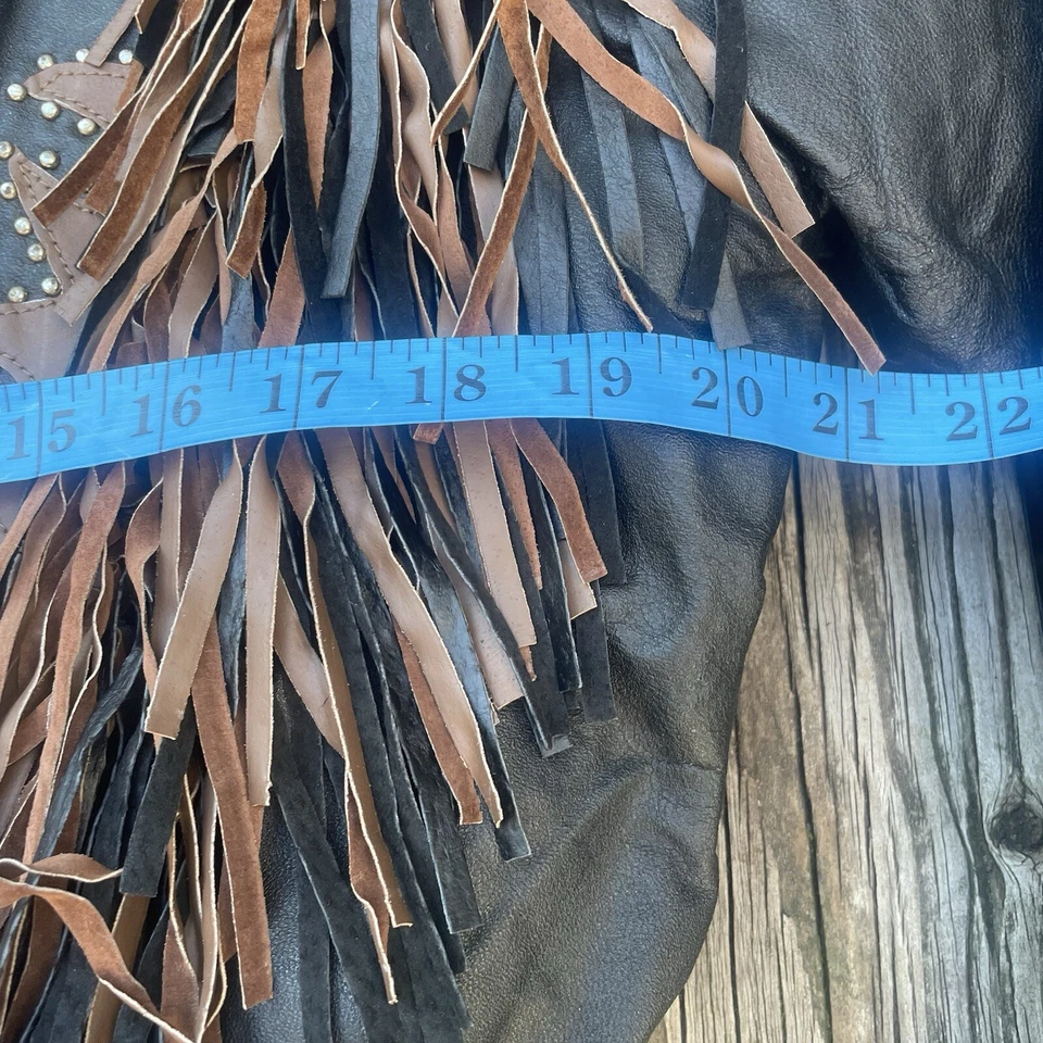 Chaqueta de cuero negra vintage con flecos para motociclista motocicleta vaquera occidental grande Foto 3 de 4