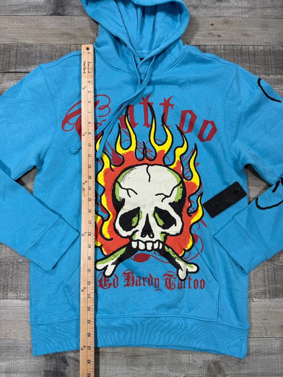 Ed Hardy Hoodie Mens Small Blue Flame Skull Graphic Print
