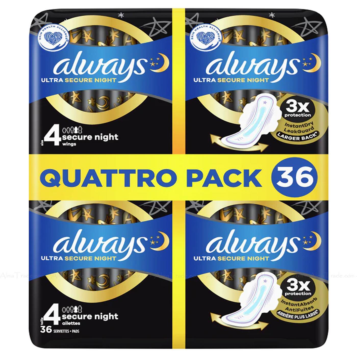 Always Ultra Night Secure Sleep Sanitary Extra Wings Size 4 Quattro Pack 36 Pads