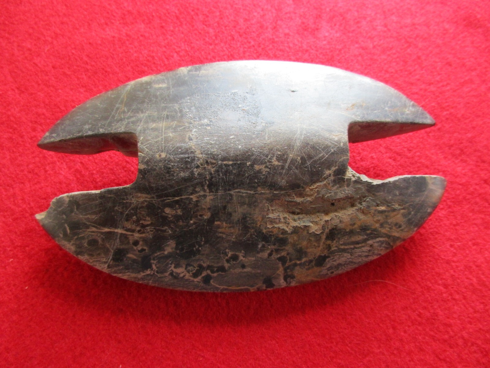 NATIVE AMERICAN BANNERSTONE, NOTCHED OVATE TYPE STONE ARTIFACT, PE0324