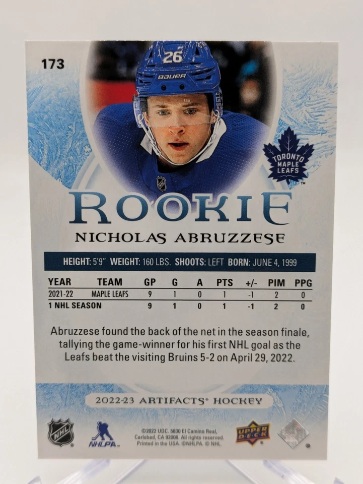 💥 2022-23 Artifacts Emerald NICHOLAS ABRUZZESE RC #173; MAPLE LEAFS #31/85 SP - Image 2 of 2