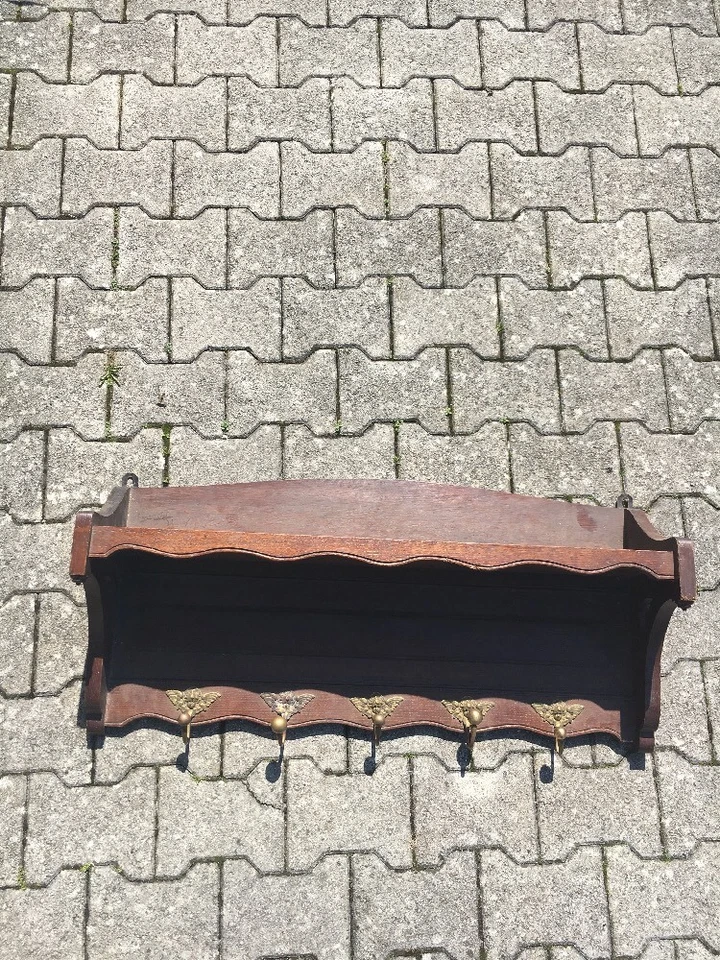 Ancien Porte Manteau Murale Bois Laiton Bistrot Rustique - Photo 3/4