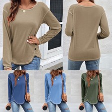 Ladies Tee Tunic Tops Long Sleeve Solid Shirts Loose Casual Buttons Shirts