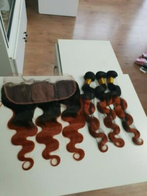 3BUNDLES+FRONTAL 390g BRAZILIAN BODY WAVE OMBRE 1B/30# 22+22&18INCH SILK BASE