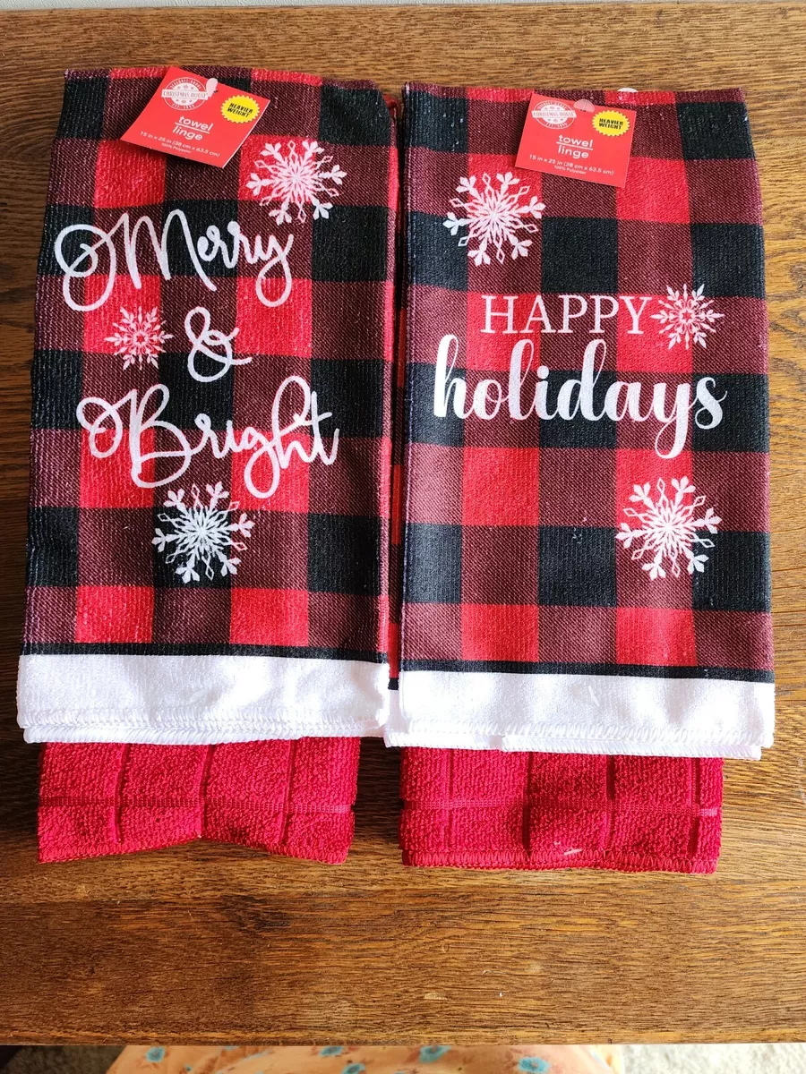 NWT Set of 4 Christmas Kitchen Towels 2 Red Black Plaid/2 Solid Red  Holidays