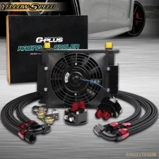 30 Row Fit For Universal Transmission Engine Oil Cooler + 7" Electric Fan Black 