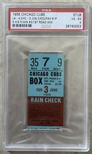 1956 SANDY KOUFAX WIN #3/1ST ROAD WIN/1ST VS ERNIE BANKS TICKET DODGERS POP1 PSA