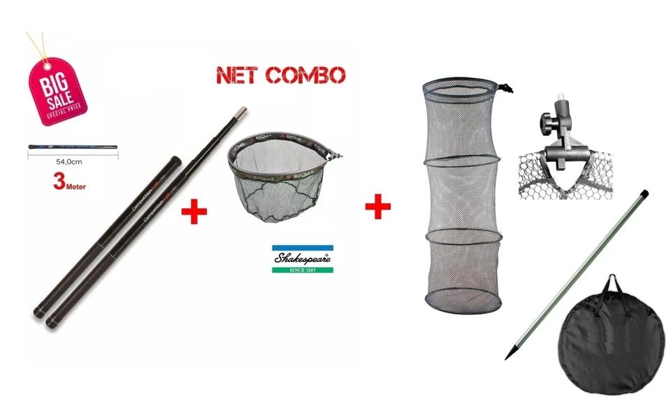 3 Meter Kescherstab Travel Model + Shakespeare Match Net + Setzkescher 150cm