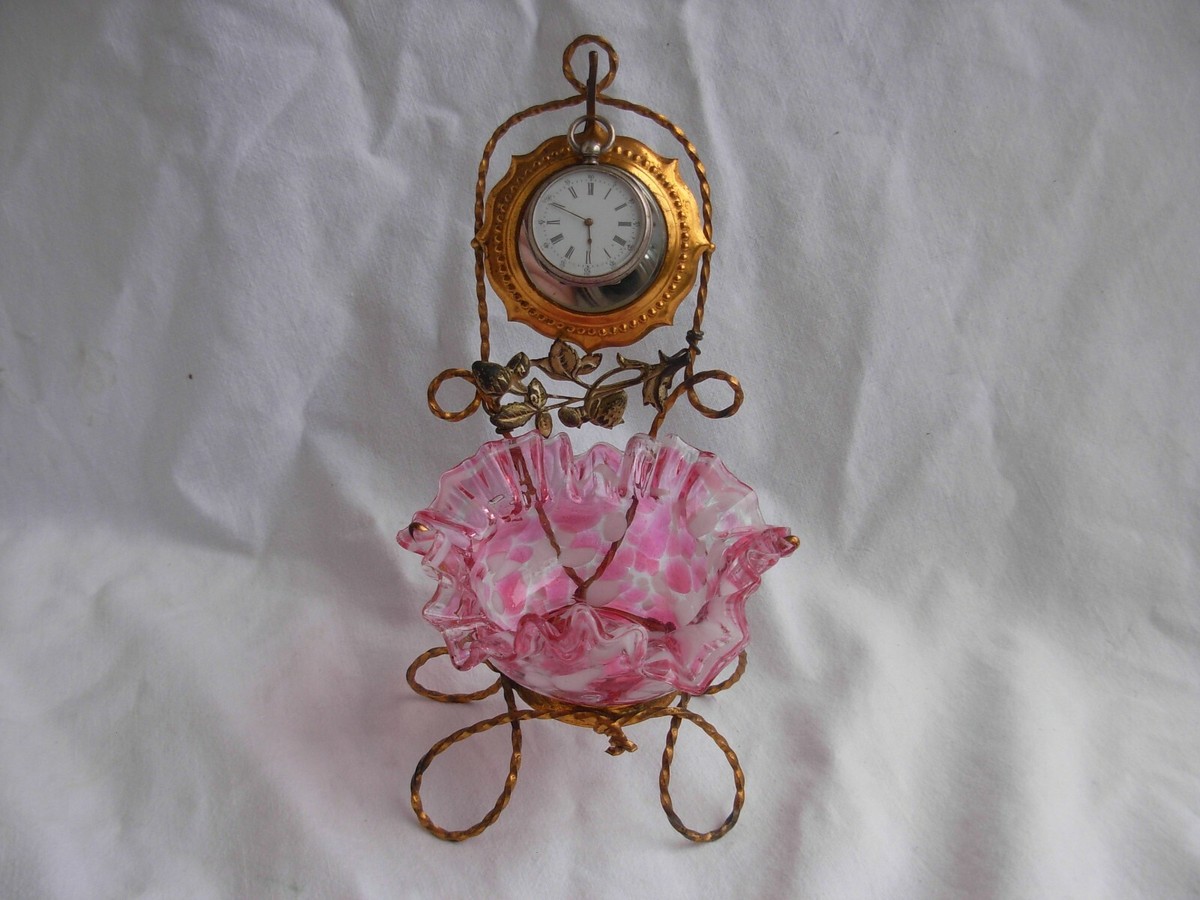 ANTIQUE FRENCH GILT BRASS,GLASS POCKET WATCH HOLDER,PIN TRAY,LATE