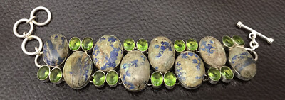 Vintage Sterling Silver Green Crystal Semi Precious Stone Statement Bracelet #52