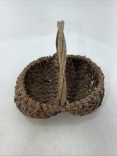 Partially Divided Wicker Basket Wood Handle Handmade Gathering Farmhouse Rustic