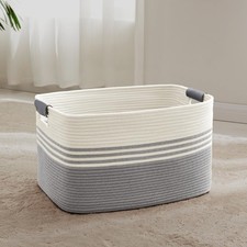 72L Large Laundry Basket W/ Leather Handles Living Room Storage Woven Rope