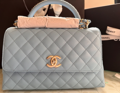 New 23A CHANEL Medium Large Classic Flap Coco Top Handle Lt Blue
