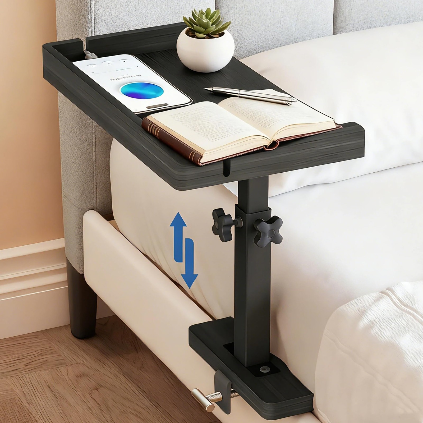 Bedside Shelf for Bed Frame, Clamp On Bedside Table Organizer, Dorm Room Nigh...