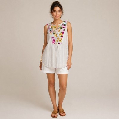 Aratta Floral Embroidered Sleeveless Tunic Top S/M Boho Chic Cottagecore Women's