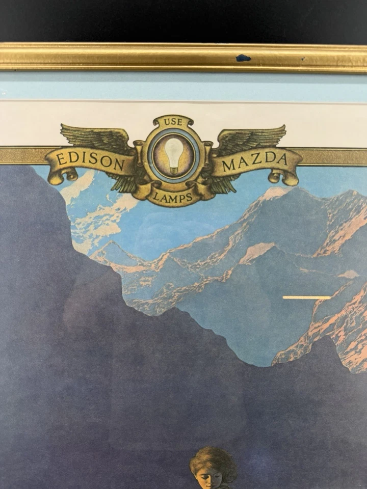 Mazda Edison Mazda vintage MAXFIELD PARRISH "Contentment" 1927 enmarcado y mate 36x25 Foto 3 de 4
