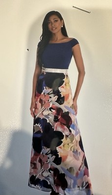 FRANK LYMAN Maxi Dress Navy Bodice Floral Skirt Embellished Waist Sz 8 |  eBay