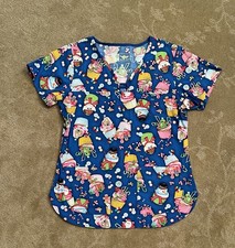 Bring It On Women  s Christmas Candies Fitted Blue Scrub Top, Small