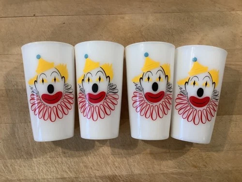Vintage 1950's Hazel Atlas Set of 4 White Milk Glass 12 oz Clown Circus Tumblers