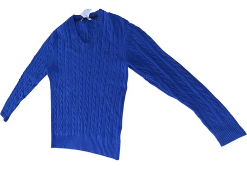 Crew Clothing Cable Knit Jumper Blue Lambswool V-Neck - Size M ILK