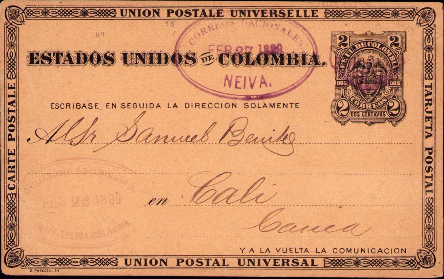 COLOMBIA - 2c POSTCARD - NATIONAL USE - NEIVA to CALI - 1889 RRRR