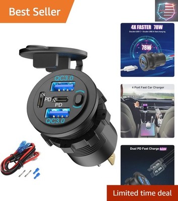 78W 4 Port 12V USB Outlet Car Charger, Super Fast Dual PD3.0 & QC3.0 Multiple...