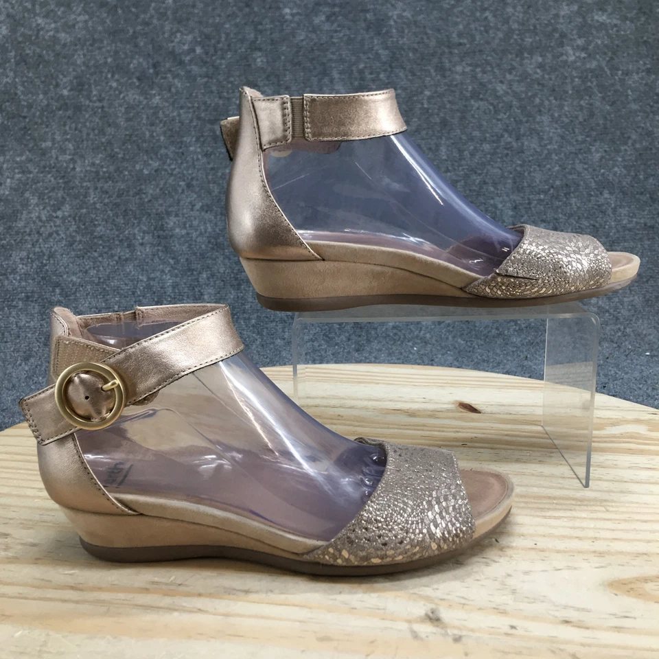 Sandalias Earth para mujer 8,5 M Champagne Hera correas al tobillo cuero punta abierta metálicas Foto 2 de 4