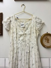 1970s Gunne Sax Floral Lace-Trimmed Midi Dress with Puff Sleeves and Tie Waist